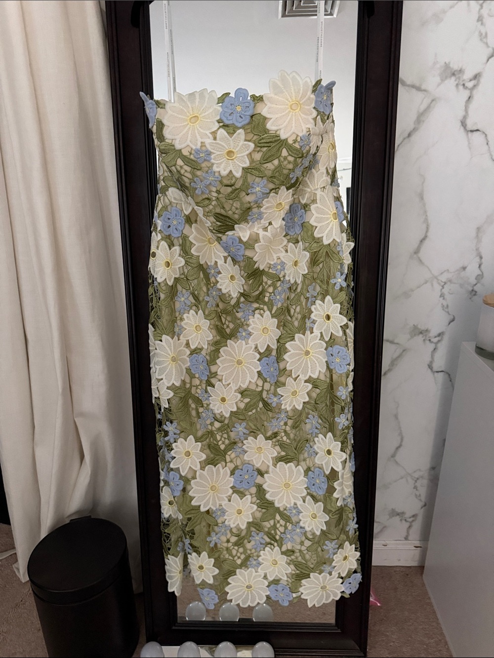 Olive Green Strapless Floral Appliqué Midi Dress with White & Light Blue Flowers